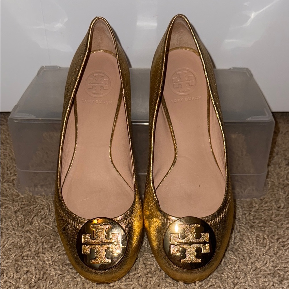 Tory Burch Gold Ballet Flats with Iconic Logo